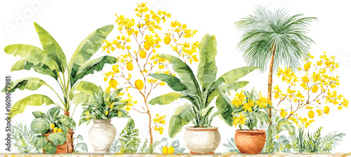 Tropical Plants Watercolor Illustration Featuring Banana Trees and Citrus Trees for Home Decor and Summer Vibes