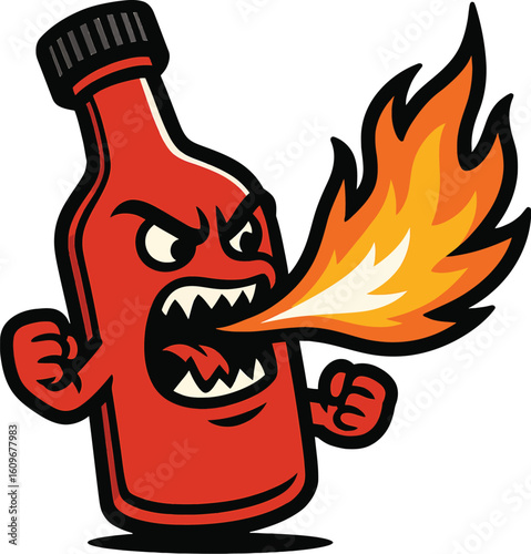 Aggressive Cartoon Hot Sauce Bottle Character Breathing Fire