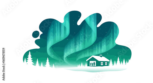 Illustrative depiction of the northern lights over a cozy house in a winter landscape