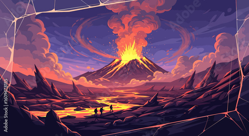 Spectacular Volcanic Eruption Landscape Scene with Lava Flow and Figures in an Artistic Style