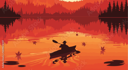 Silhouette of a Person Kayaking on a Lake Surrounded by Autumn Scenery