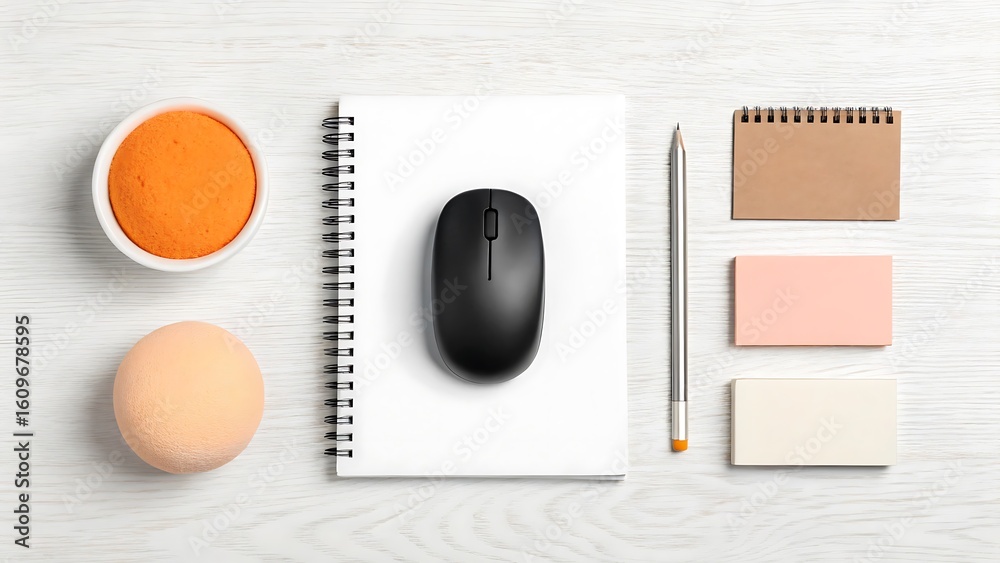 Overhead view of office supplies including a notebook computer mouse pen and sticky notes Overhead view of office supplies including a notebook computer mouse pen and sticky notes