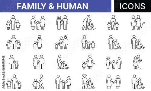 Family Icons Set Depicting Parenting, Child Care, and Affection