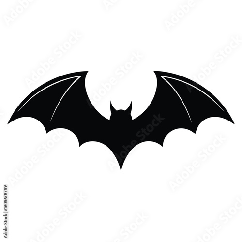 Black silhouette of a bat with outstretched wings and horns