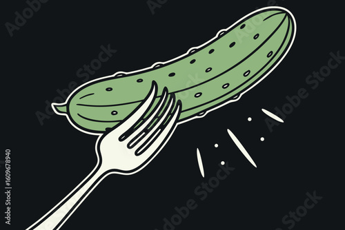 Pickled cucumber pierced on a fork is set against a black backdrop, highlighting its vibrant green color and tangy snack appeal, modern flat illustration style