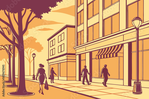 People walk along a lively city street at sunset, bathed in a golden glow, blending hustle and tranquility, modern flat illustration style.