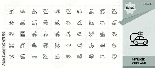 Hybrid Vehicle simple icon set. Minimal icons set. Transport icon collection. Contains outline symbols like eco, electrical, charge, auto, charging, hybrid, vehicle and more.