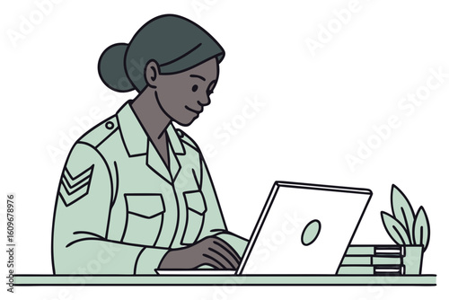 Focused Black woman soldier works on her laptop at a tidy desk, showcasing discipline and dedication, modern flat illustration style.