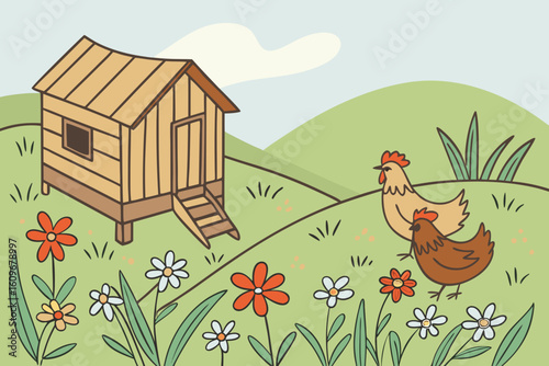 Free-range chickens roam among wildflowers with a charming wooden coop behind them, set in a peaceful rural landscape, modern flat illustration style