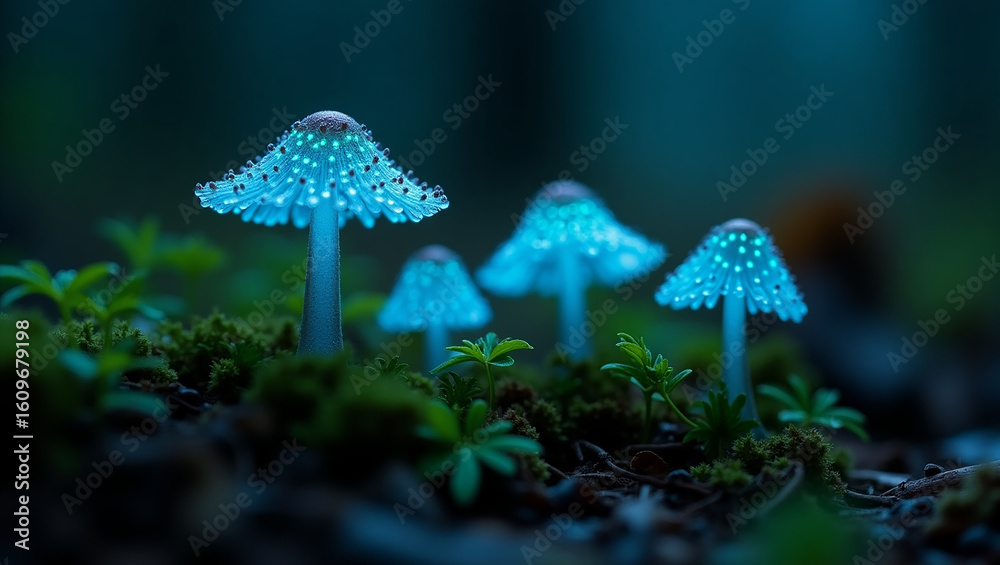 Fototapeta premium A cluster of magical bioluminescent mushrooms casting a surreal blue glow on the mossy forest floor at twilight.