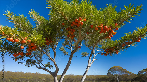 Bright blue skies highlight the ripening quandong fruits and green leaves of a native Australian tree