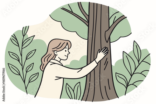 Human hand gently touches bark of a tree in forest, promoting connection to nature and environmental mindfulness, modern flat illustration style.
