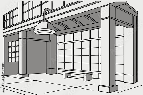 Industrial space with stone bench under hanging lamp in gray square, evoking urban solitude and modern structure, modern flat illustration style.
