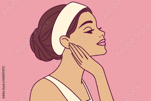 Latina woman with flawless skin and soft makeup touches her cheek on pink background, perfect for beauty campaigns, modern flat illustration style.
