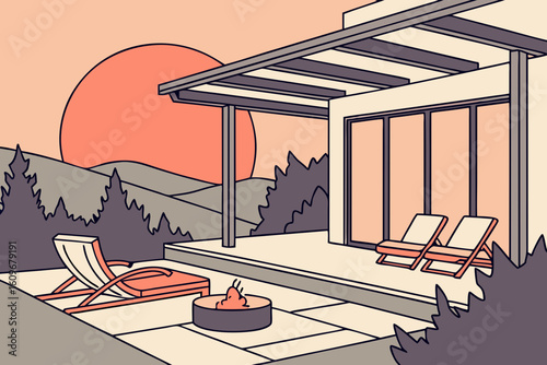 Luxury terrace with fire pit and modern patio seating offers a relaxing outdoor scene during sunset at a high-end residential home, modern flat illustration style