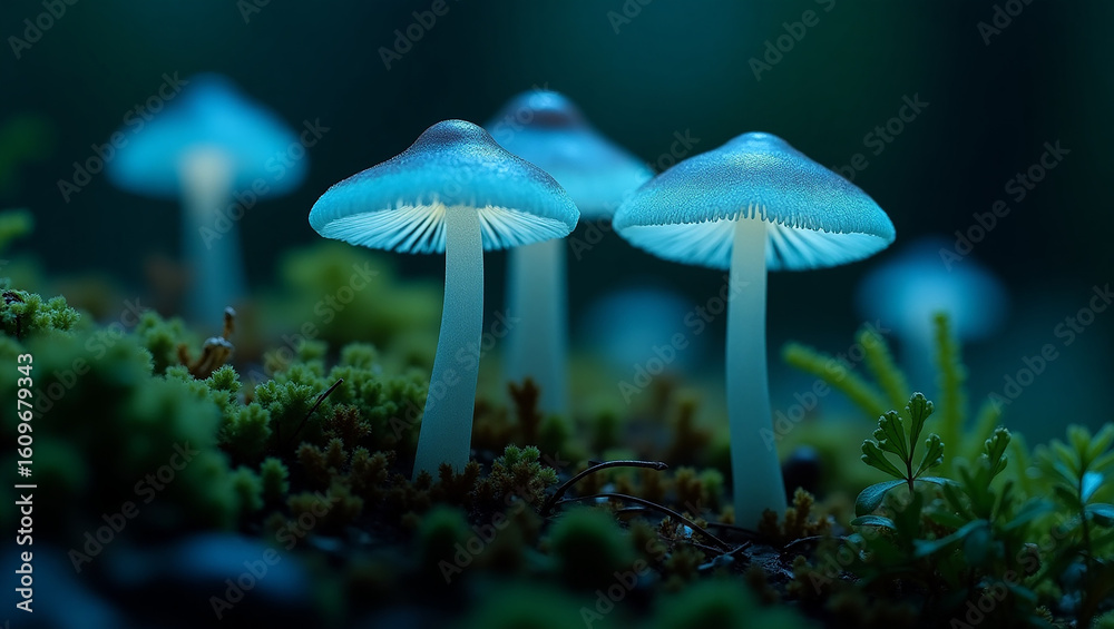 Fototapeta premium Luminescent Mushrooms on Moss A Dreamlike Bioluminescent Scene