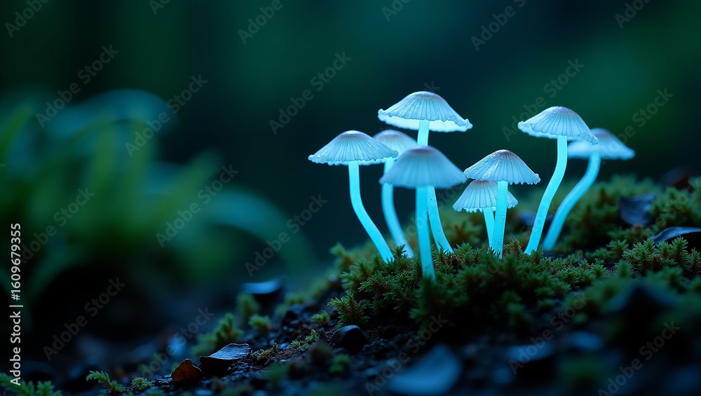 Fototapeta premium Mystical bioluminescent fungi glowing with an ethereal blue light on a mossy forest floor in the dark.