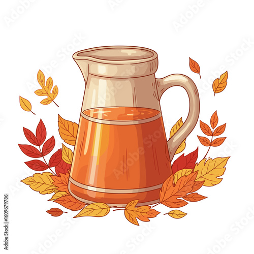 Glass pitcher filled with orange beverage surrounded by autumn leaves  