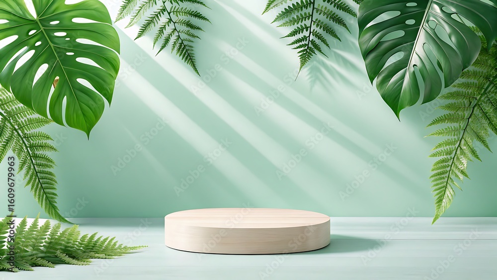 Obraz premium Minimalist podium with tropical leaves and natural light