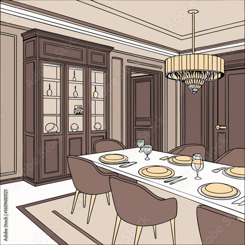 Luxurious and spacious dining room interior design in a high end mansion featuring elegant furniture and sophisticated decor elements
