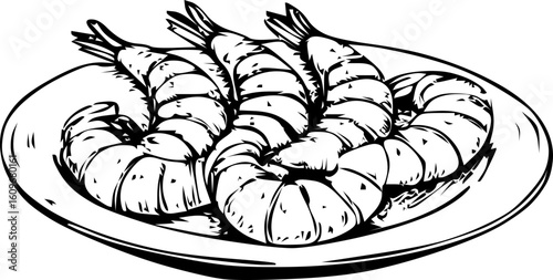 Vector illustration of boiled shrimp served on a plate. Great for seafood packaging, restaurant branding, culinary blogs, and healthy eating visuals focused on protein-rich food.
