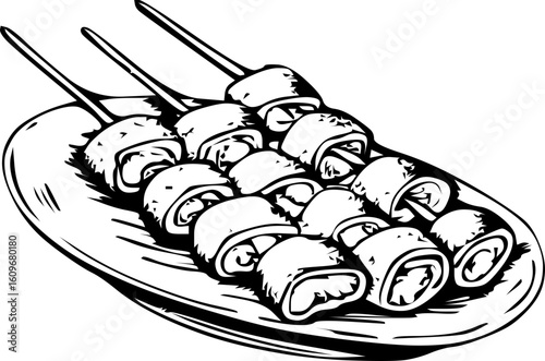 Vector illustration of boiled octopus slices served on skewers and arranged on a plate. Ideal for seafood restaurant branding, Japanese cuisine visuals, and gourmet food packaging.