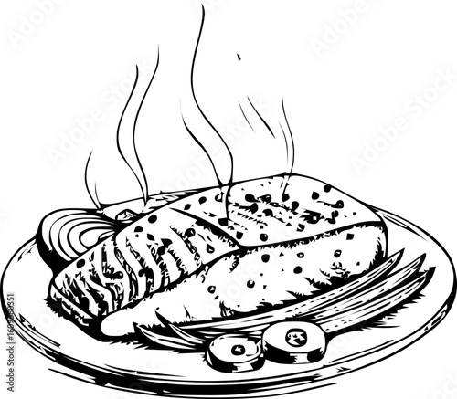 Vector illustration of hot Mahi-Mahi fish fillet with teriyaki glaze, served on a plate. Great for seafood packaging, Asian menu design, healthy food content, or cooking visuals.