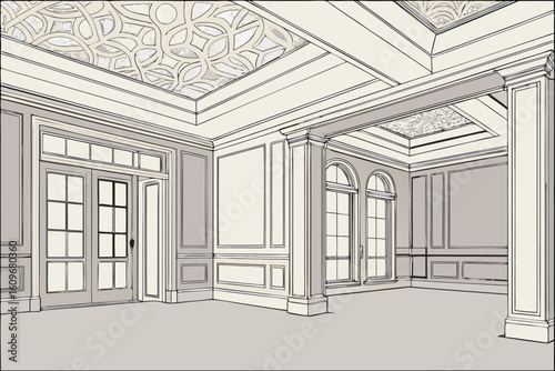 Detailed architectural drawing of an elegant interior space with ornate ceiling and panelled walls design