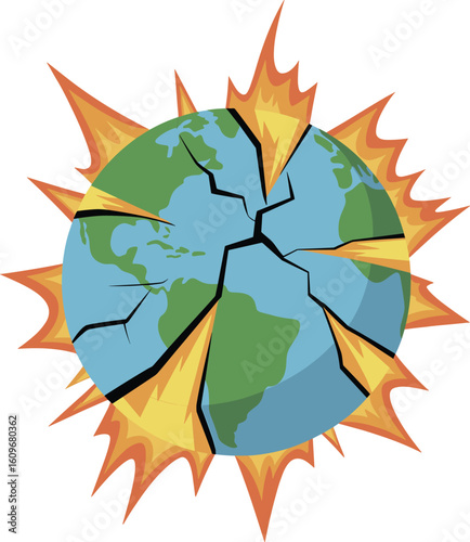 Cartoon Earth exploding with cracks and fire, global destruction concept, world disaster illustration, environmental crisis, apocalyptic explode planet, energy blast effect