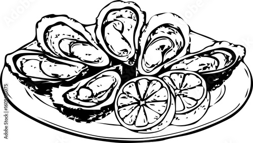 Hand-drawn vector illustration of fresh oysters with lemon slices on a plate. Perfect for seafood restaurants, gourmet food packaging, or culinary blog graphics.