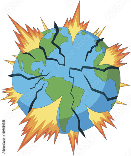 Exploding cartoon Earth with cracks and fire, world destruction concept, global disaster illustration, apocalyptic planet image for environment, crisis, danger themes