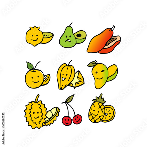 Cute kawaii doodle set of icons and elements with objects