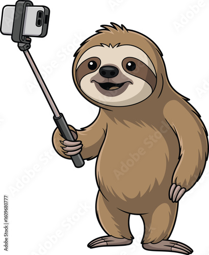 Happy cartoon sloth taking selfie with smartphone and stick, cute animal character, funny social media concept, jungle wildlife humor, isolated vector illustration