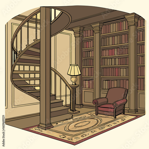 Elegant private home library interior design featuring floor to ceiling bookshelves filled with books creating a sophisticated and cozy reading space