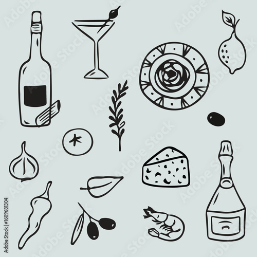 Whimsical italian food doodle with vintage summer vibe pasta on a plate wine bottle slices and vector design