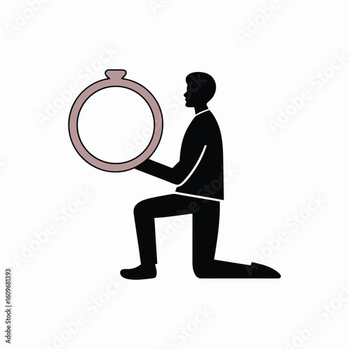 Black silhouette of a man on one knee holding a ring