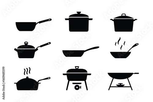 Black silhouette cooking pots and pans collection kitchenware cookware