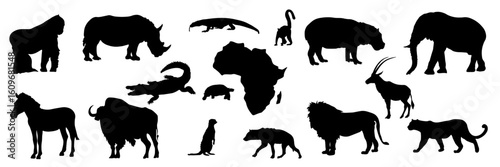 Animals of Africa. Africa with silhouettes of animals living there. Perfect for educational literature, tourist advertising, postcards, posters
