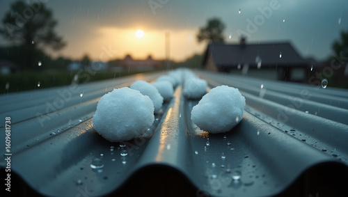 Large hailstones resting on a wet corrugated roof, with the dramatic light of a setting sun after a severe hailstorm.