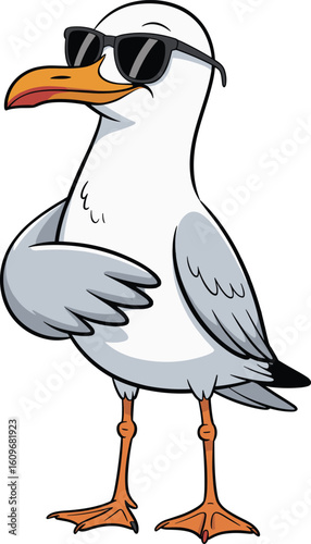 Cool cartoon seagull with sunglasses, confident beach bird character, funny summer animal vector, isolated illustration for kids, comics, and design projects