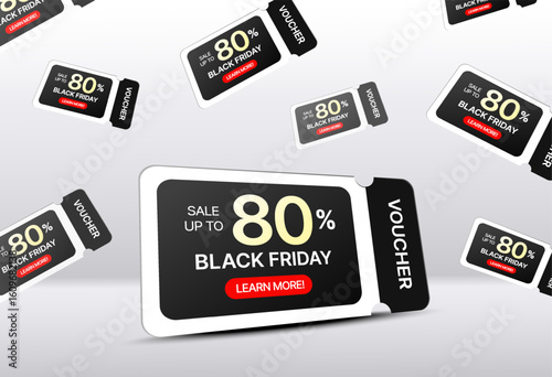 3d unlimited black Friday coupons flying, isolated on background. Flying gift vouchers for Black friday sale off event in 3d vector illustration. Vector illustration