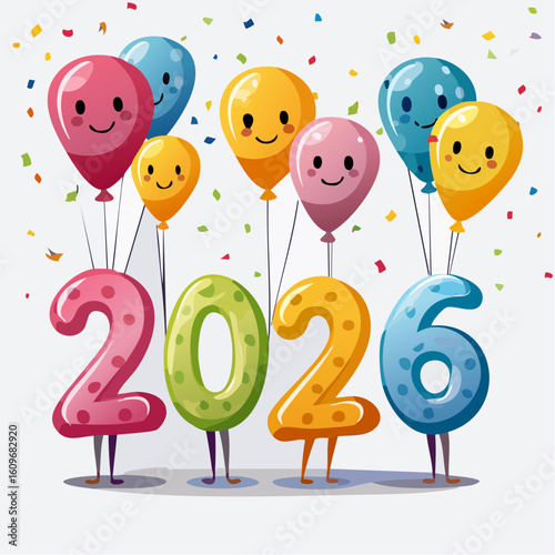 Balloons of the Year 2026: A vibrant and joyful illustration of the year 2026 represented by balloons with smiling faces and colorful confetti.