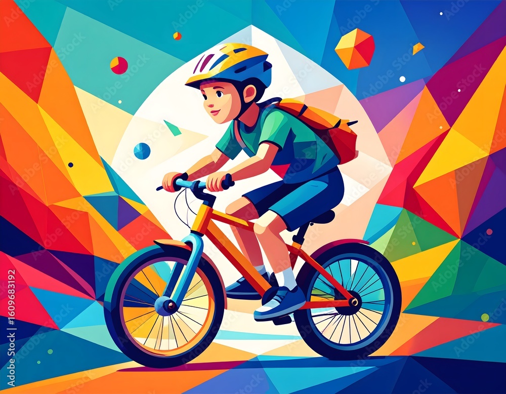 Fototapeta premium A young boy wearing a helmet and backpack rides a bicycle against a colorful, geometric abstract background.