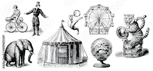 Vintage Circus Illustration Featuring Performers Animals and Attractions in Black and White Style