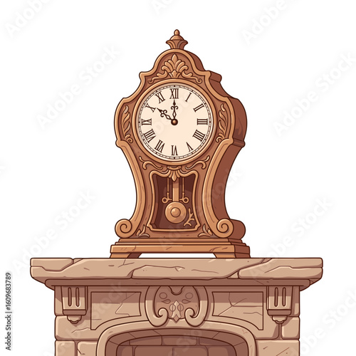 Vintage wooden clock atop a stone fireplace in classic style  