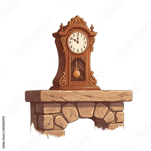Antique wooden clock on stone mantel shelf in traditional style  