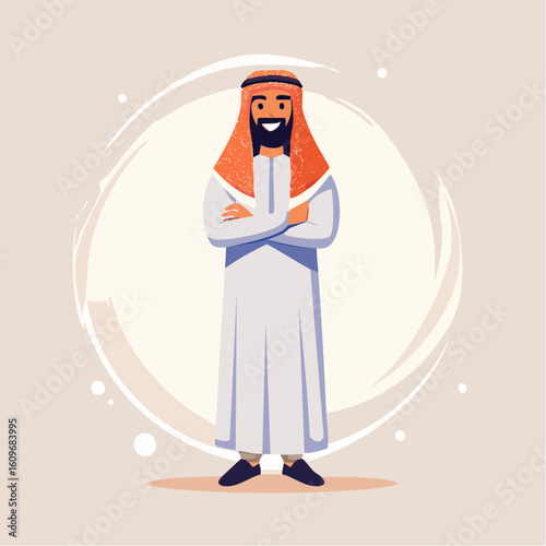 Arabic Male in Traditional Dress: A stylized cartoon illustration of an Arabic male, radiating warmth, in traditional cultural attire, evoking feelings of heritage and identity.