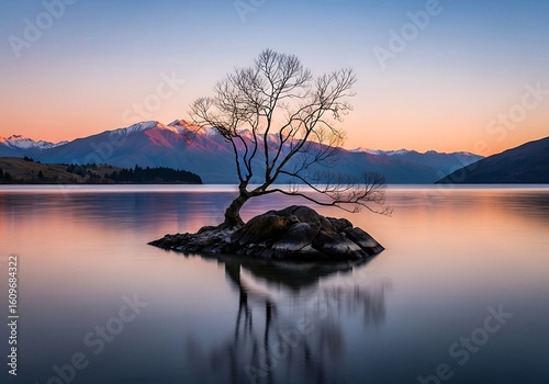 The iconic wanaka tree stands in the lake at sunset in new zealand