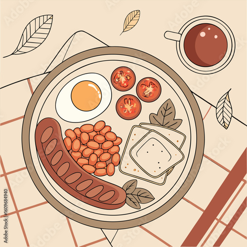 A detailed illustration of a full english breakfast served on a rustic ceramic plate featuring classic components like bacon eggs sausages and toast presented in a clean vector format