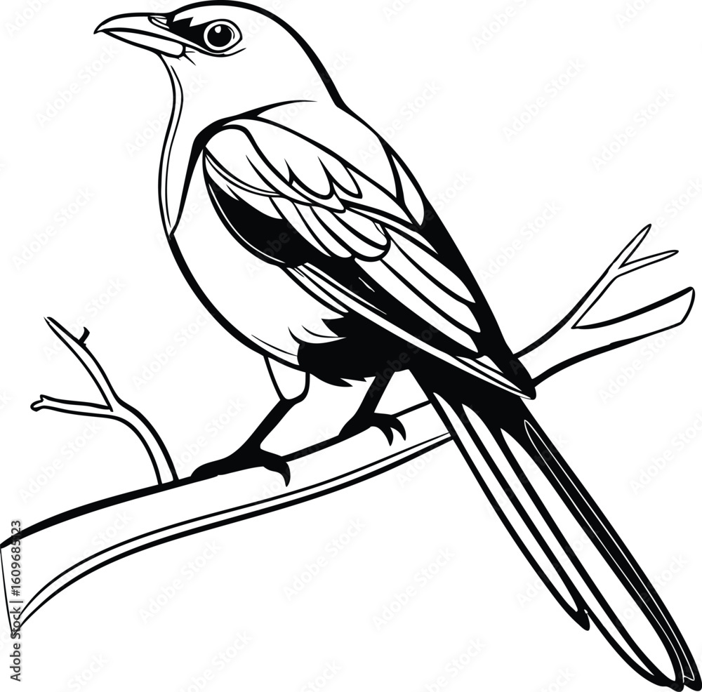 Naklejka premium Detailed black and white line drawing of a magpie perched on a branch
